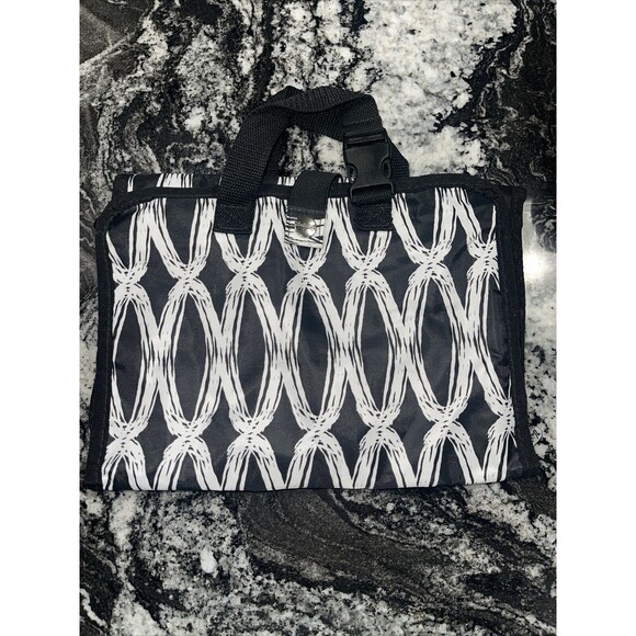 Thirty One Hanging Jewelry Folding Travel Makeup Brush Bag Zip Black White Link - Picture 1 of 8